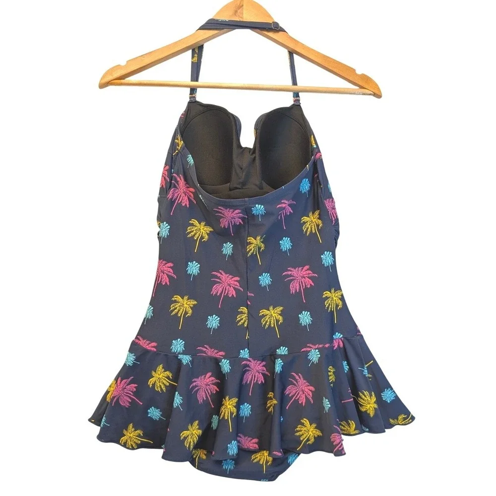 Shore Shapes Navy Blue Neon Palm Tree Ruched Halter Swim Dress One Piece Size 10